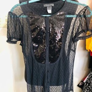 Express Black Sheer Sequin Front Women's Blouse